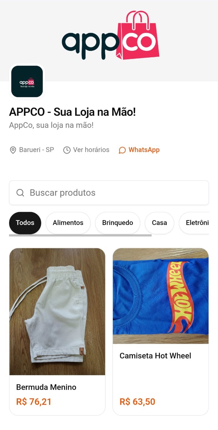 Catálogo online da AppCo aberto no navegador do celular, com produtos e preços