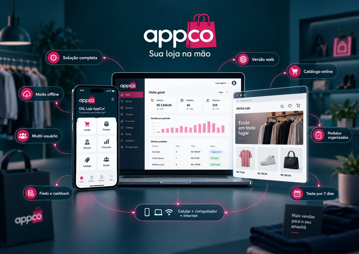 Ecossistema AppCo: app no celular, versão web no computador e catálogo online, com solução completa, modo offline, multi-usuário, fiado e cashback